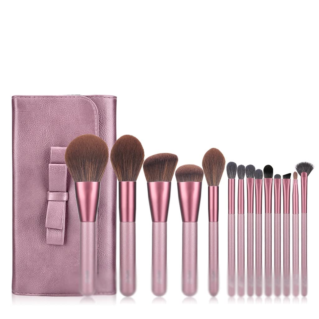 14-teiliges Make-up-Pinsel-Set, Foundation, Puder, Rouge, Lidschatten, Kontur, Lippen-Make-up-Pinsel, Kunsthaar, mit PU-Lederetui