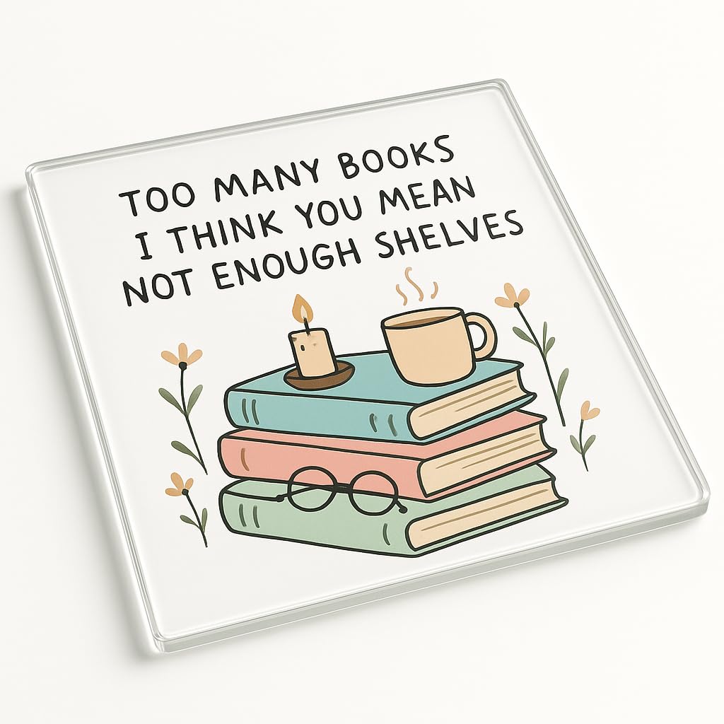 The Plum Penguin Cozy Book Haven Acrylic Coaster Gift With Whimsical Book Stack Design - Cosy Reading Nook Decor For Book Lover Tea And Coffee Moments Bookish Gift