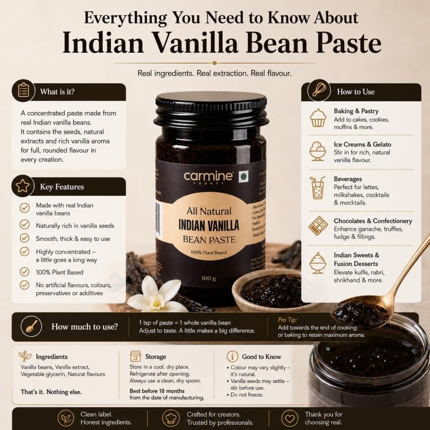 Image of Carmine County All Natural Pure Indian Vanilla Bean Paste 100g | No Added Sugar, Gluten-Free | Rich Flavor for Baking, Cooking, Ice Cream, Cakes, Cookies, Custards, Coffee, Milkshakes & Frosting | Vanilla Extract Substitute