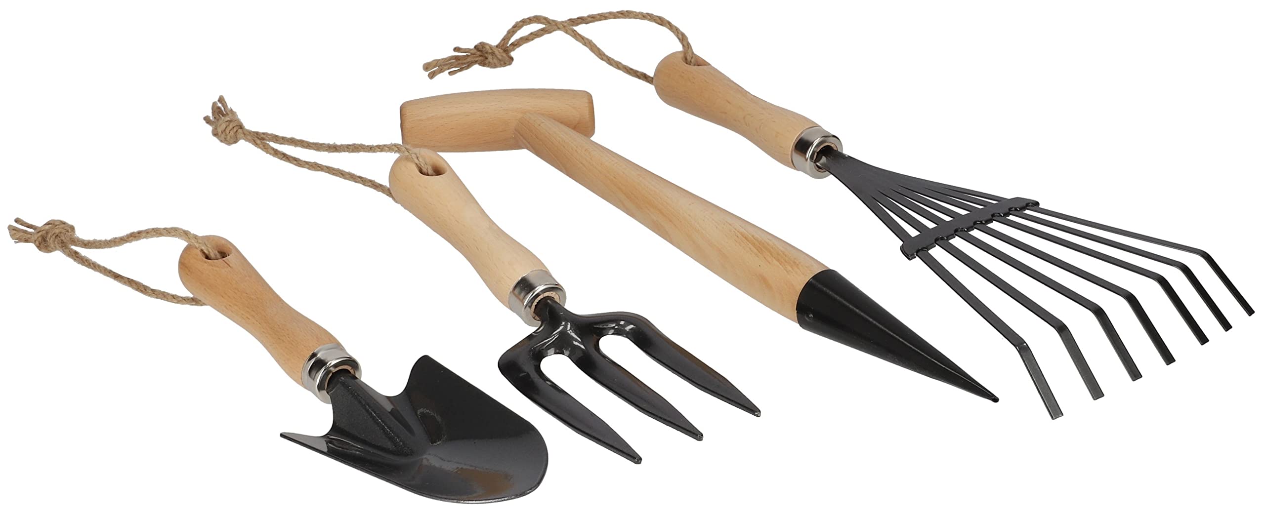 KOTARBAU® Set di 5 Piccoli Attrezzi da Giardinaggio Rastrello Forchetta Cazzuola e Guanti con Manico in Legno Universale per Giardino Accessori da Giardino Strumenti Utensili da Giardinaggio