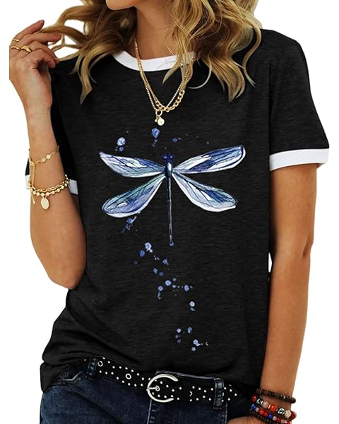 Women's Graphic Tees Casual Summer Funny Dragonfly Printed Short Sleeve Cute T Shir...