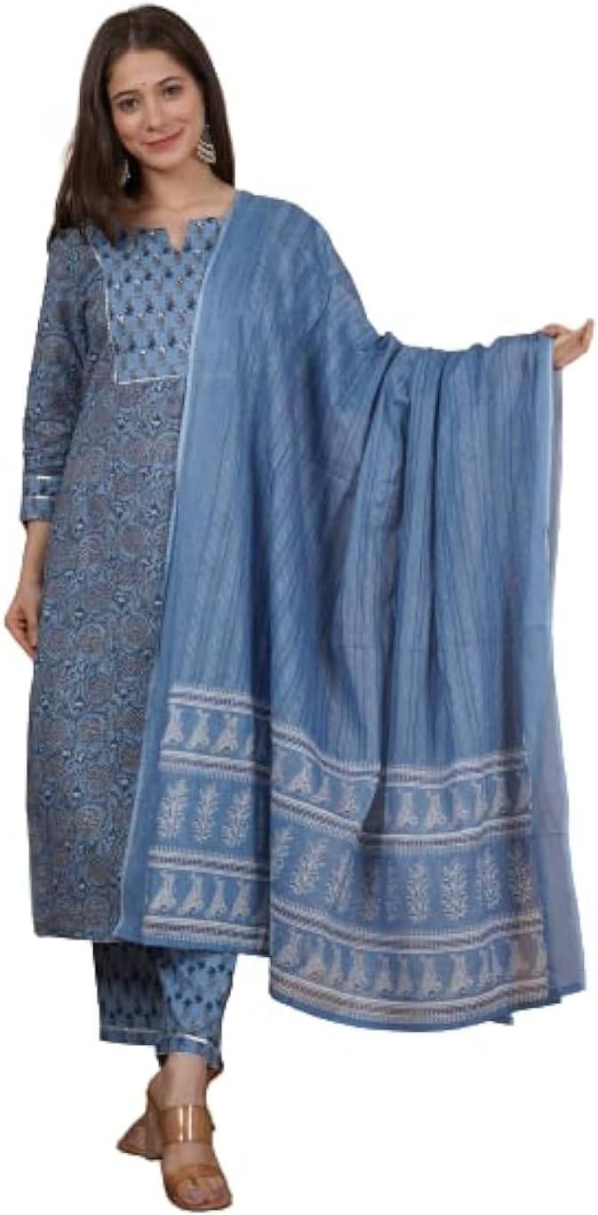 MEERA FAB Women's Cotton Handwork Printed Kurta with Palazzo & Dupatta Set