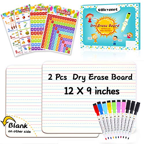 Dry Erase Board, 2 Pcs 9'' X 12" Small White Board with 10 Pcs Dry Erase Markers & 4 Pcs Educational Posters, Double Sided Dry Erase Lapboard with Lines/White Board, Mini Whiteboard for Kids/Students