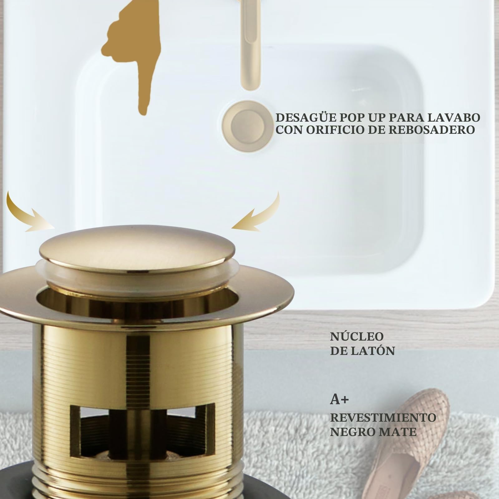 Grifos de lavabo de baño con desagüe, grifos cuadrados para lavabo con desagüe, grifos de baño monobloque de latón con tapón de fregadero 322NP (dorado, mediano)