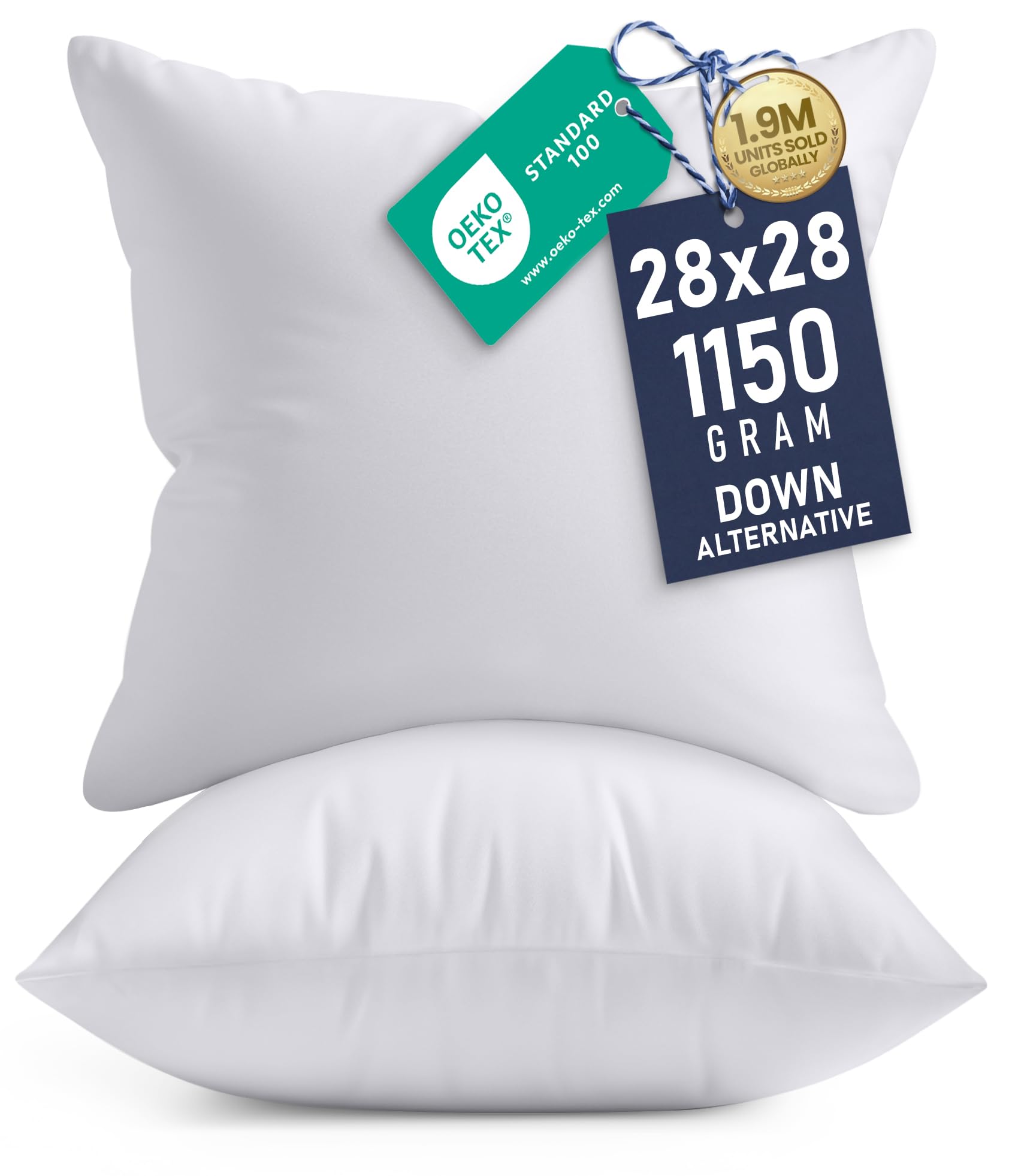 28x28 Pillow Inserts, Set of 2, White – Indoor Decorative Throw Pillows for Bed, Sofa & Couch – Soft, Supportive & Fluffy Cushion Inserts