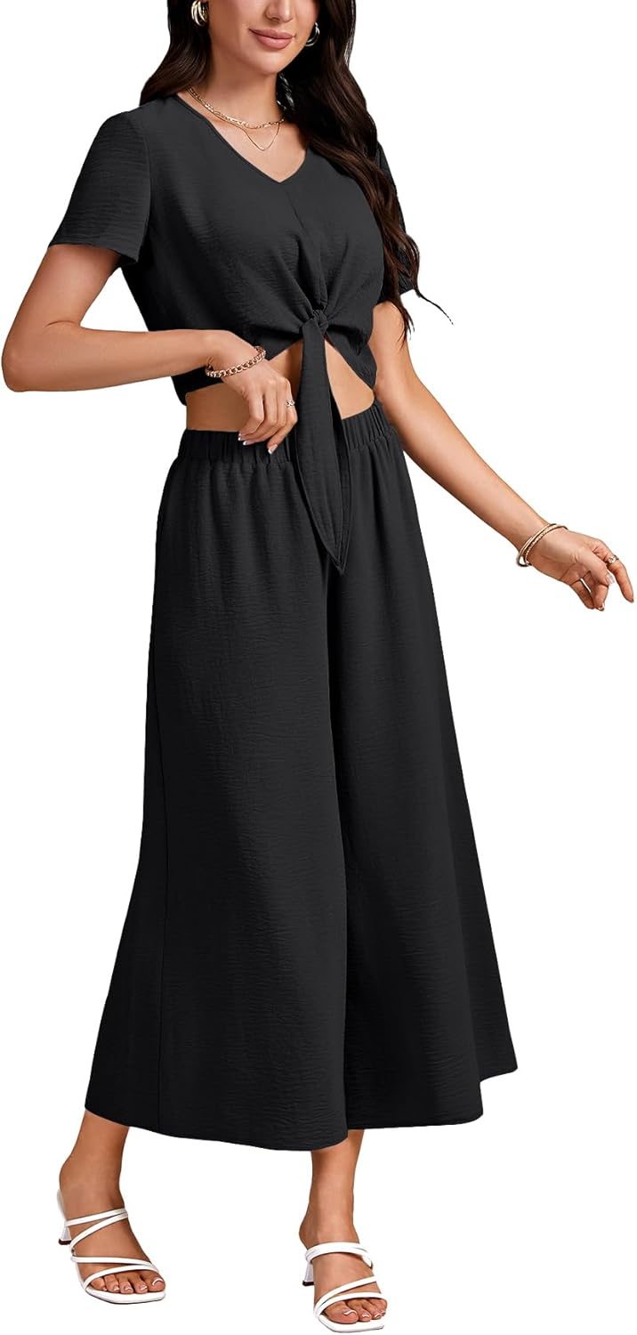 Rooscier Women's 2 Piece Outfits V Neck Tie Knot Front Crop Tops and Wide Leg Pant Sets Suit - Image 4
