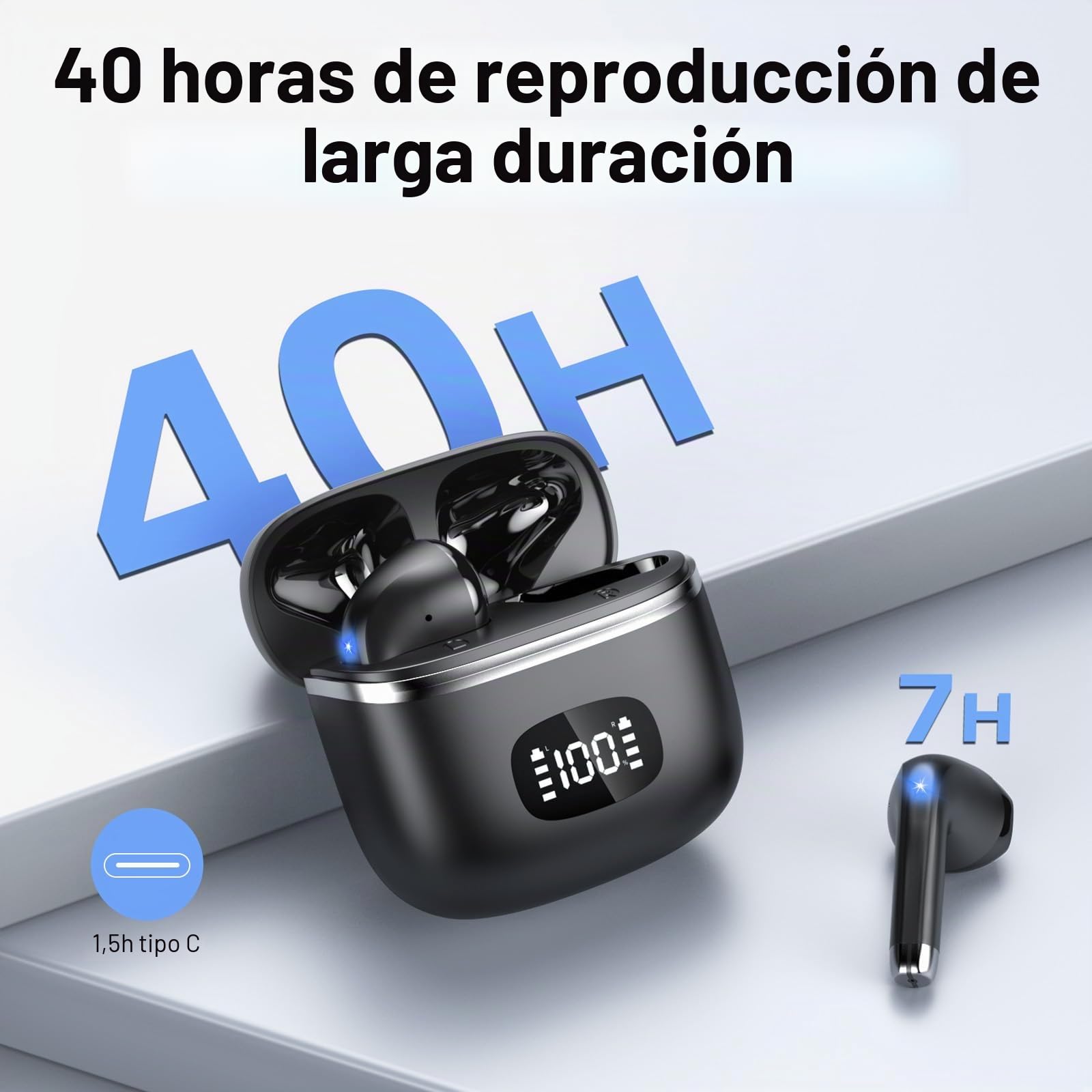 Auriculares Inalambricos Bluetooth, Auriculares Bluetooth 5.3 Con 4 HD Micró HiFi Estéreo, Cascos Inalambricos Bluetooth Control Táctil, Pantalla LED Reproducción De 40H, IPX7 Impermeable, Negro