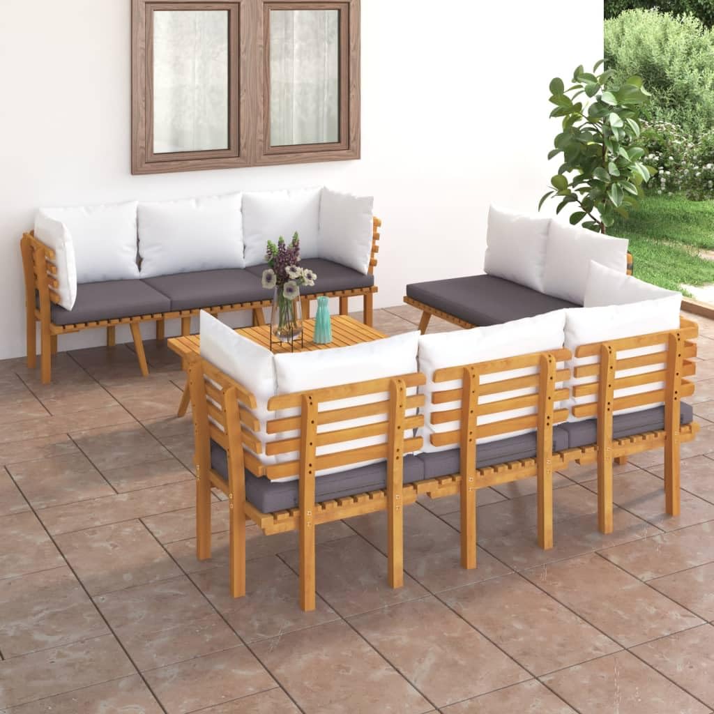 8-cz. komplet mebli ogrodowych z litego drewna akacjowego, zestaw wypoczynkowy z grubymi poduszkami, rustykalny design listew na patio, taras lub ogród