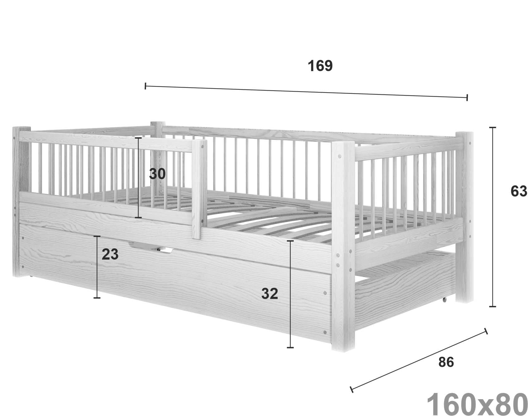 Cama Infantil con Barandilla y Cajón - Cama Infantil Individual con Espacio de Almacenamiento - Estructura de Madera Finamente Lijada - Color Natural - Sin Colchón - 80x160 cm