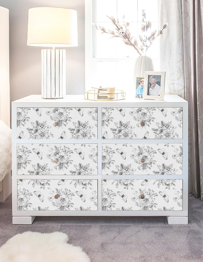 17.7In X 394In Shelf Liner Self Adhesive Drawer Liner for Kitchen Bedroom Cabinets Dresser Floral and Butterfly Waterproof Vinyl Rolls