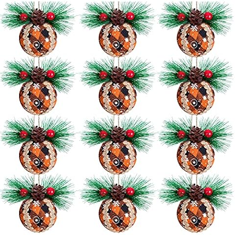 12 PCS Fall Plaid Ball Ornament - Black & Orange Fall Halloween Thanksgiving Christmas Plaid Hanging Ball Ornament, Buffalo Plaid Fabric Farmhouse Ball Decoration (Black and Orange,12) Cover