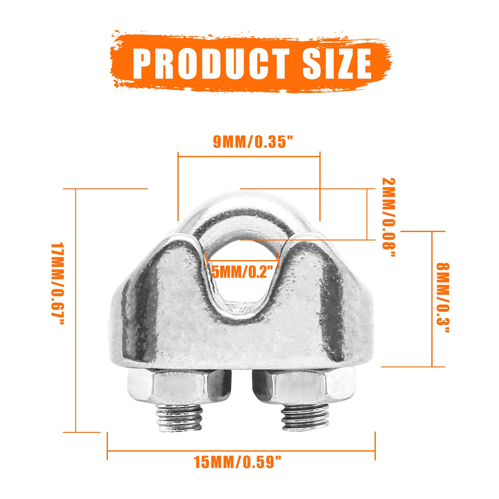 Kyuionty M2 1/16 Inch Stainless Steel Wire Rope Clip Clamp Pack of