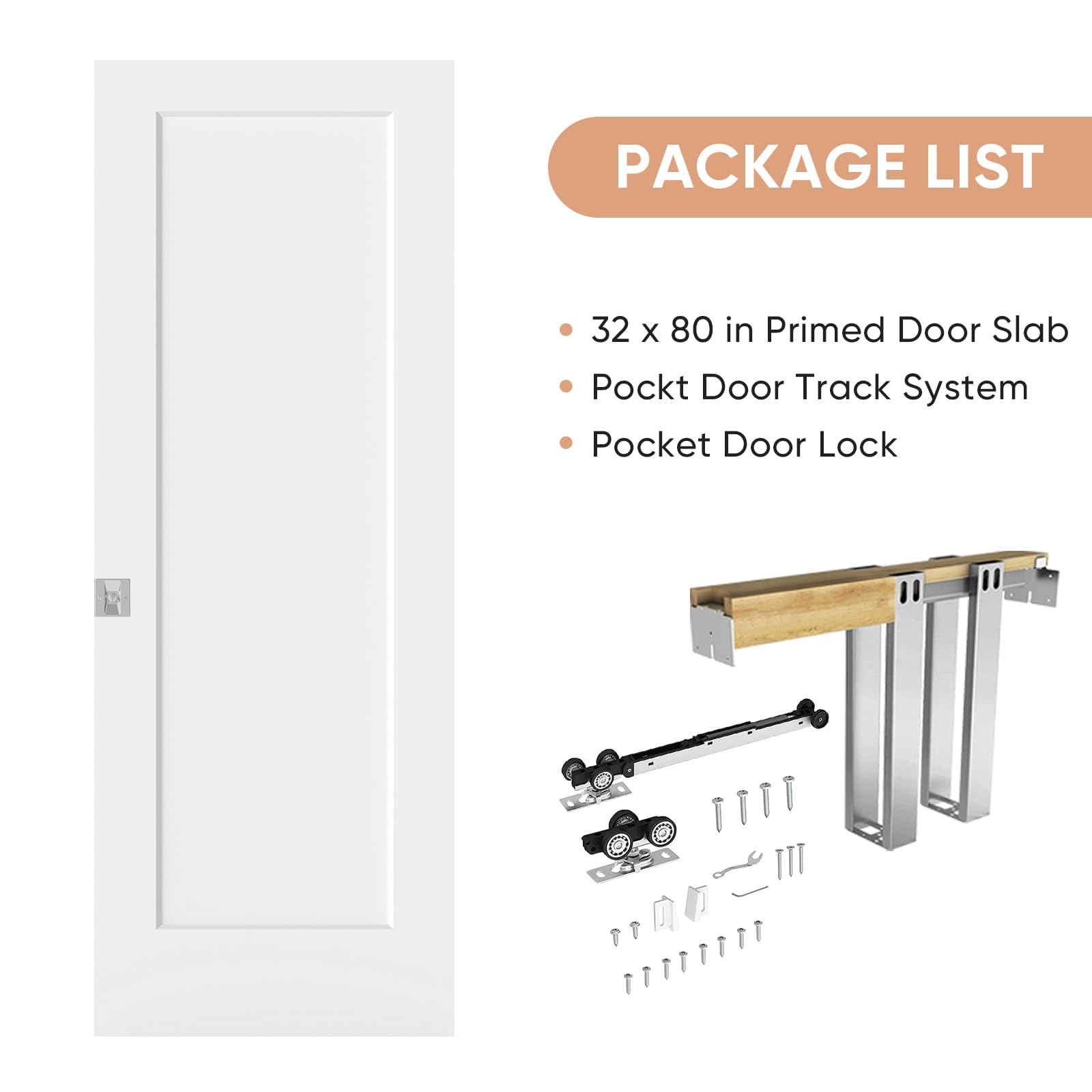 barnsmith 32in x 80in sliding pocket door, track hardware and frame kits with 1-panel white paintable door slab & satin nickel privacy latch included, soft close mechanism, durable and smooth