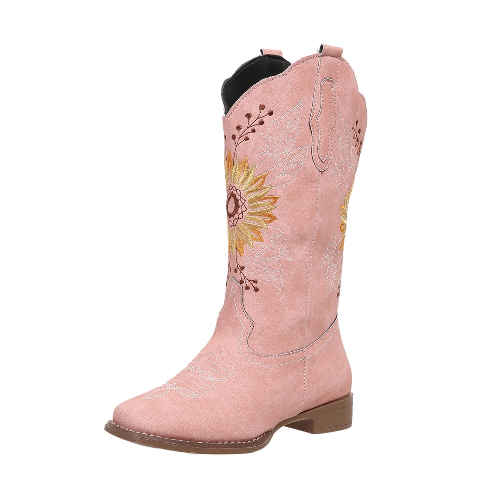 HINDOLA Women Wide Calf Black Cowboy Boots Sunflower Embroidered Western Cowgirl Mid Calf Boots Square Toe Wedding Booties