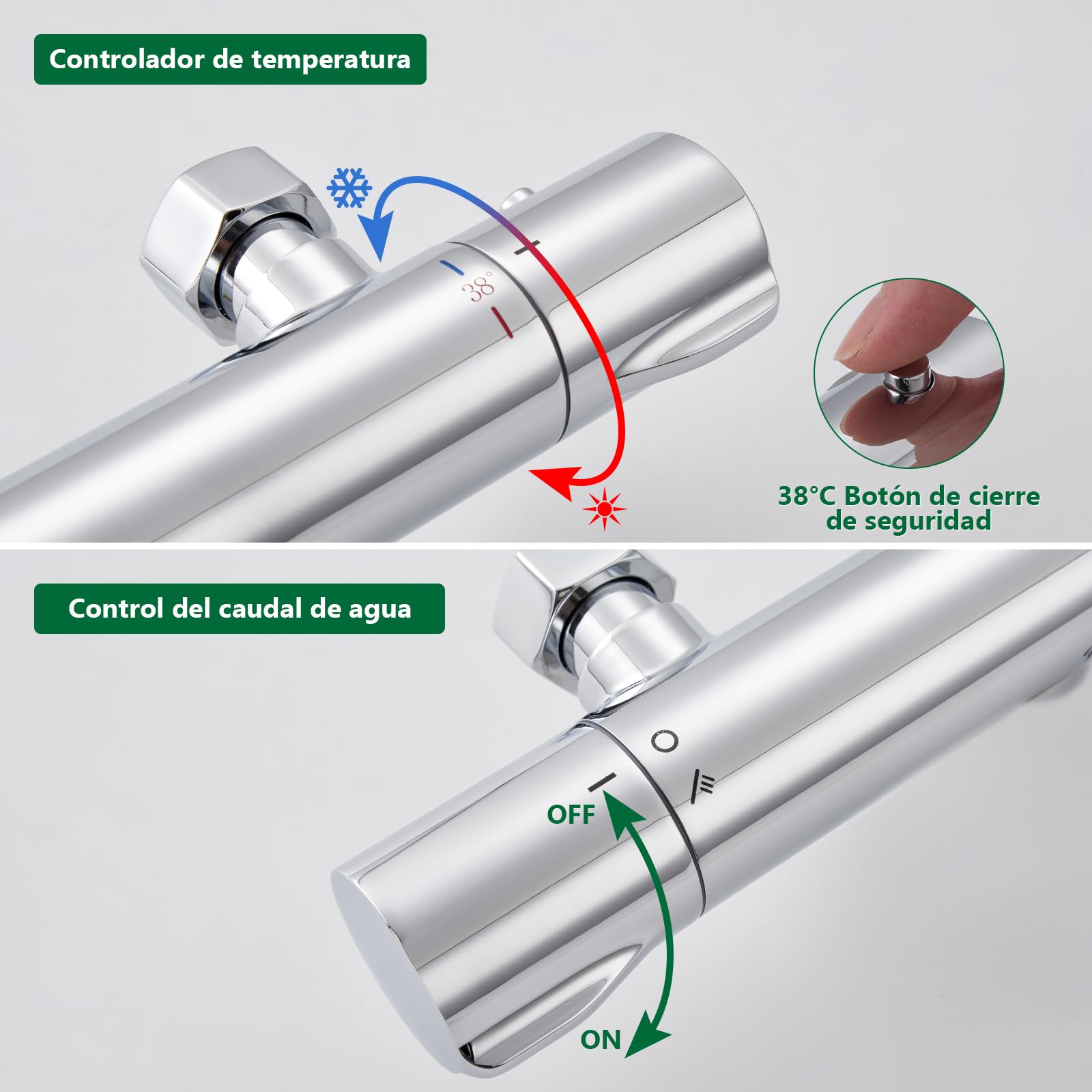 Grifo Ducha Termostatico, Grifo Termostático de Precisión Para Ducha, Cierre de Seguridad a 38°C, Grifo Termostatico Bañera, Mezclador de Ducha Cromado Duradero que Ahorra agua, Cromado