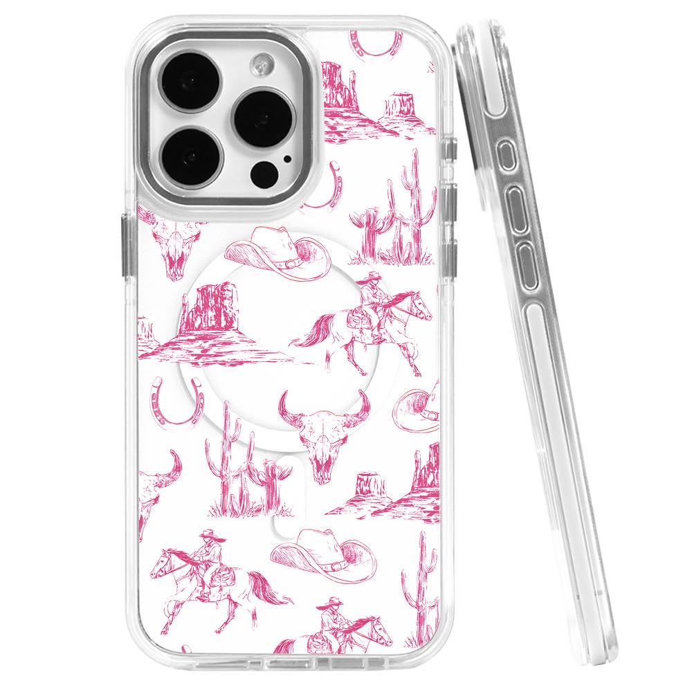 TnXee Cases for iPhone 16 Pro,Compatible with MagSafe,Classic Clear Shockproof Protection Magnetic Phone Case - Pink Hat Horse Western Cowboy