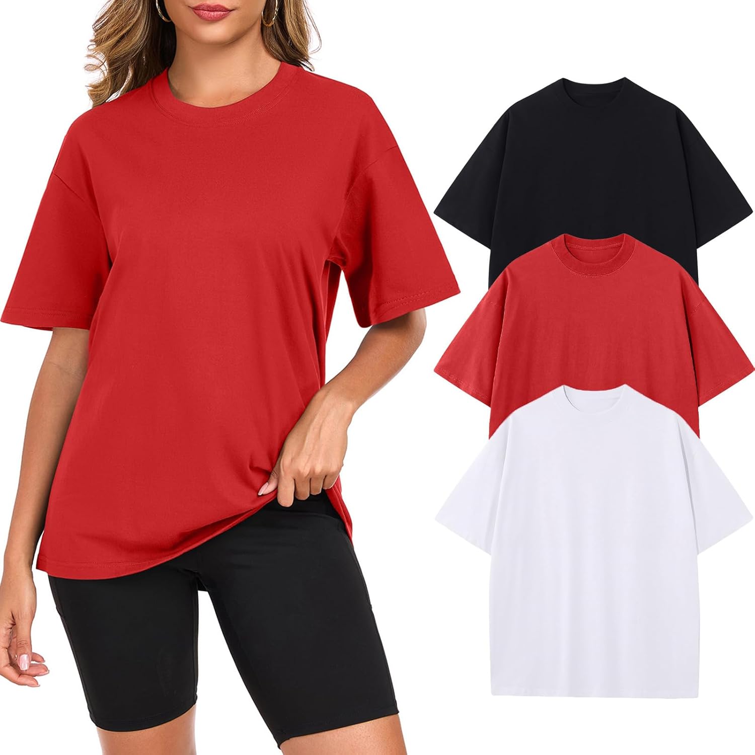 Womens Oversized Cotton T Shirts Crewneck Short Sleeve Tops Heavyweight Casual Loose Fit Drop Shoulder Fashion Tees