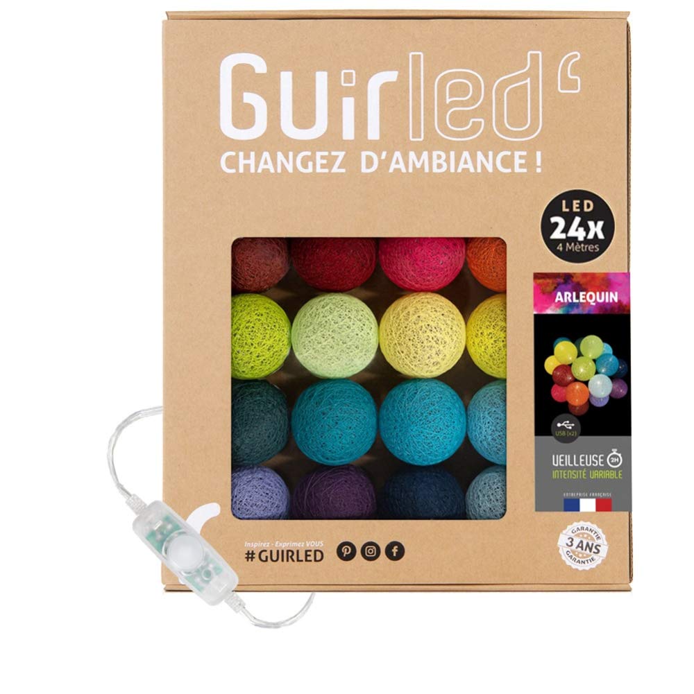 GuirLED - Guirnalda luminosa bolas de algodón LED USB- Luz de noche para bebé 2h - Adaptador de corriente dual USB 2A incluido - 3 intensidades - 24 bolas 2,4m - Arlequin