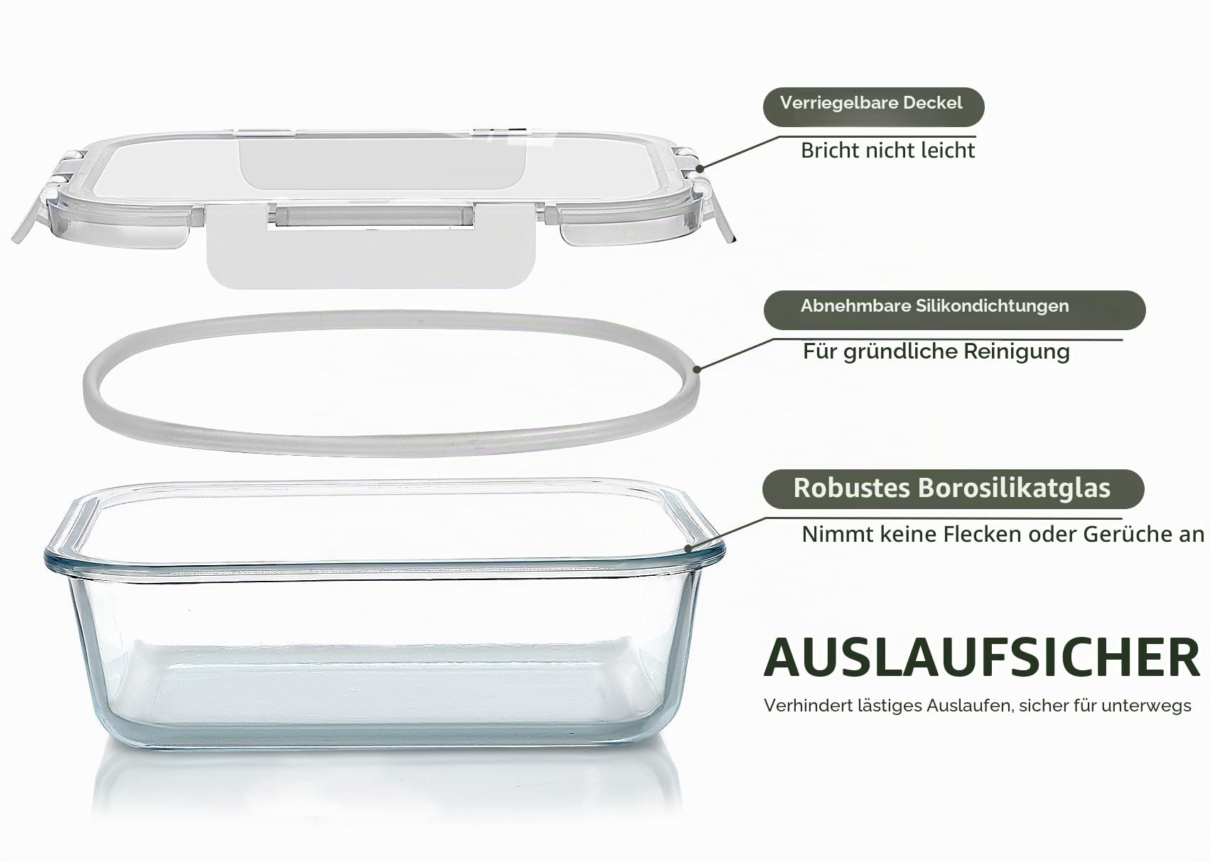 Glasbehälter für Mahlzeiten mit Schnappverschlussdeckel, luftdichter Lunchbehälter, Mikrowelle, Ofen, Gefrierschrank und Spülmaschine (4,5 Tasse, WeiÃŸ), 5 Stück