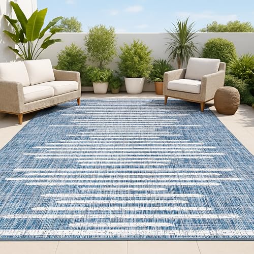 Image of JONATHAN Y Stripe Geometric Indoor Outdoor Area Rug 5X8 Blue /Ivory, Zolak Berber for Backyard, Patio, Porch, Easy-Cleaning, High Traffic, Pet-Friendly, Non-Shedding (SMB124C-5)