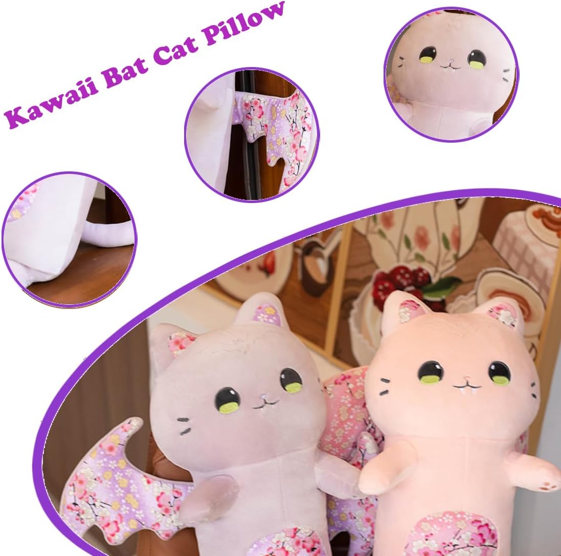 ELAINREN Long Bat Cat Plush Body Pillow Super Soft Stuffed Pink Kitten with Wings,Fluffy Bat Kitty Plushie Big Toy Gifts/23.6''