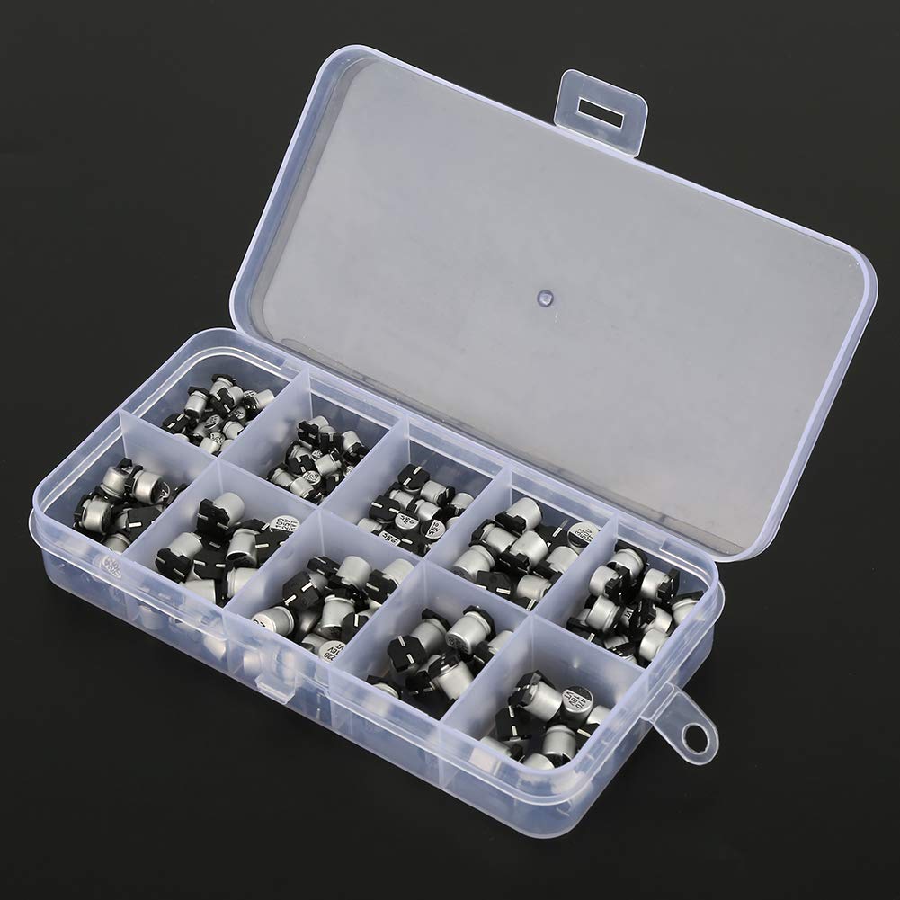 Kit de 200 condensadores electrolíticos SMD, 10 valores de 1 uF a 470 uF, de 10 V a 50 V, diversos condensadores electrolíticos de aluminio con caja de almacenamiento para