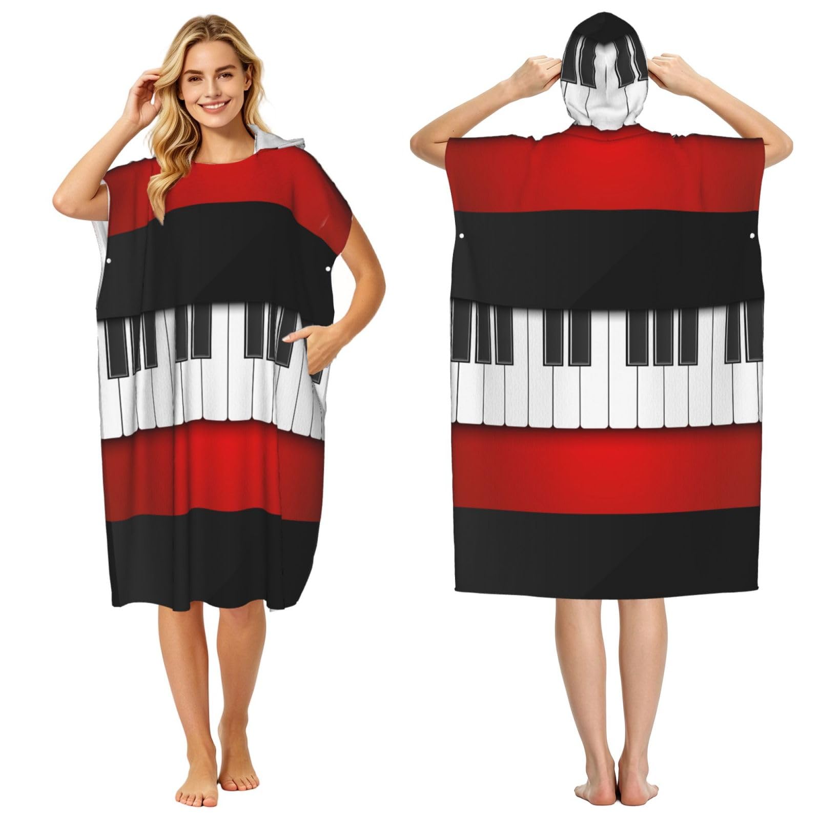 Poadnly Hand Drawn Piano, Adult Hooded Beach Towel 90 x 110 cm,Changing Bath Robe, Surf Poncho Towel For Women Men