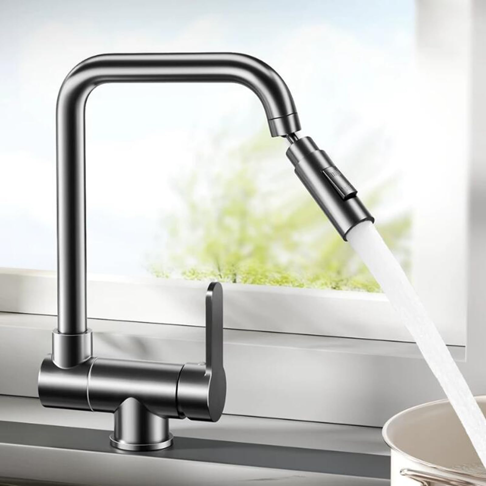 ZYCHSJXA Kitchen Taps Folding for Inside Window, Tap 360° Swivel 2 Mode Sink Mixer Brass-Grey