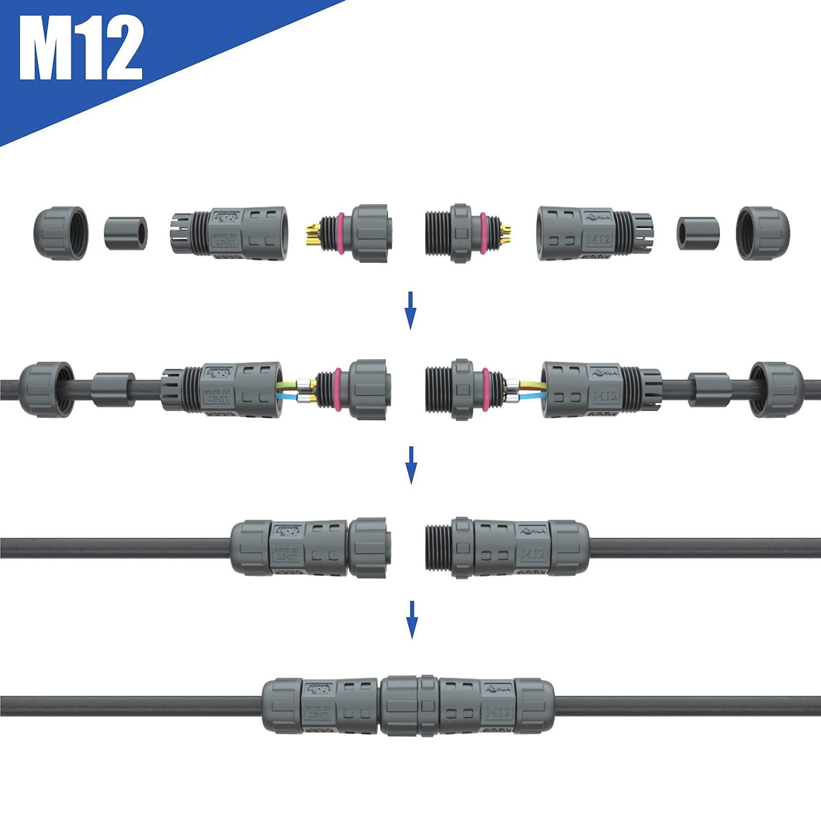 AOHUA IP68 Wasserdichter Steckverbinder 6er-Set, M12 2-poliger Lötanschluss Industrie-Stecker, 300V/5A, passend für Kabel Ø3,5–7,5 mm, Male/Female Stecker-Buchse für Außenbeleuchtung, CE, RoHS