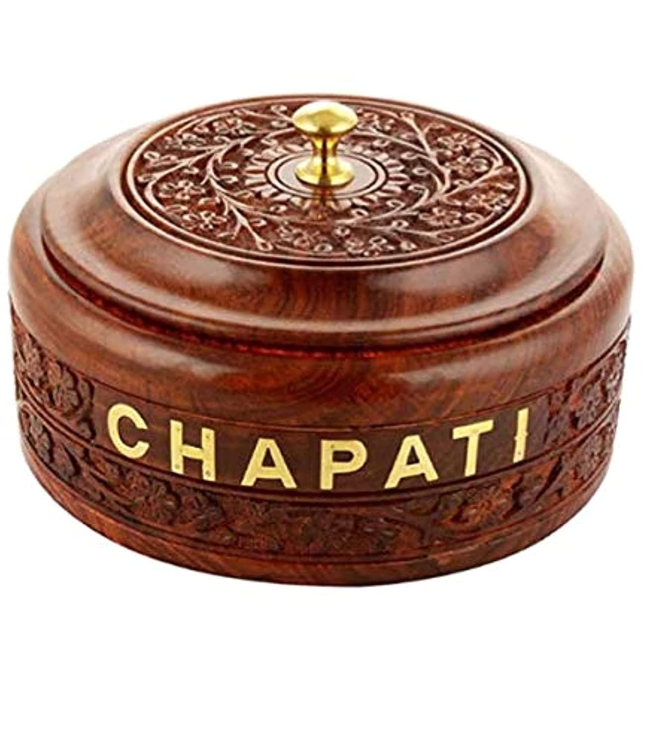 Wooden Chapati Box with Carved Design, Traditional Roti Storage Container, Brown-image-41