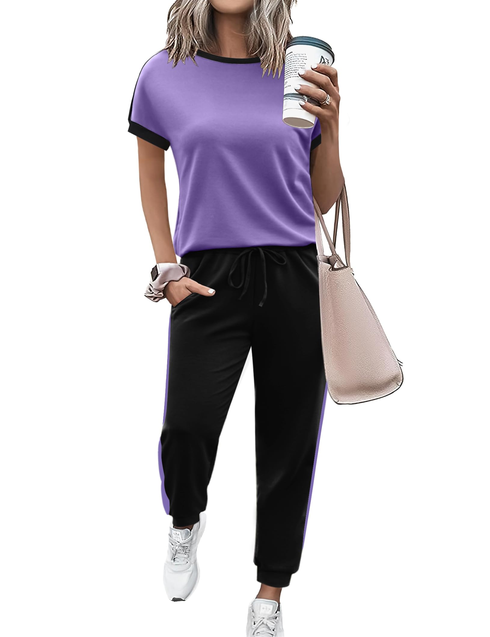 Marvmys Women Short Sleeve Tracksuit Set 2 Piece Sweat Set Outfits Color Block Jogging Suits with Pockets