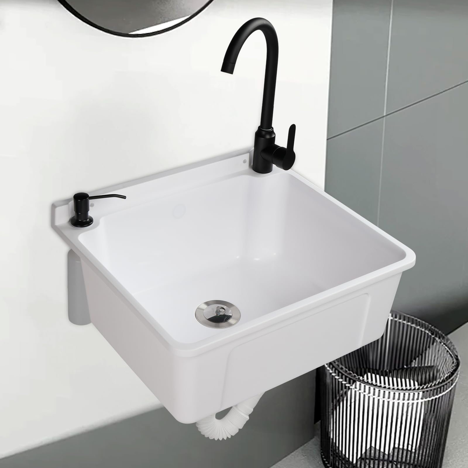 ROVSUN 9-Gallons Plastic Wall-Mounted Utility Sink, Wall-Mounted Utility Tub with Wall Bracket, Hot&Cold Faucet, Drain Plug, Perfect for Basement,