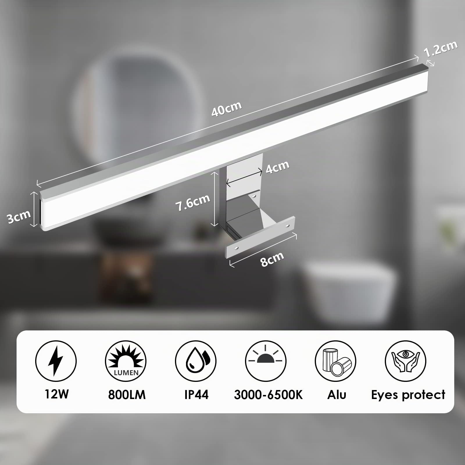 KYOTECH Lampada da Specchio a LED per Bagno 40cm Dimmerabile con Telecomando 12W 800LM Lampada da Bagno Impermeabile IP44 con interruttore Morsetto su Specchio,Armadio,Illuminazione a Parete