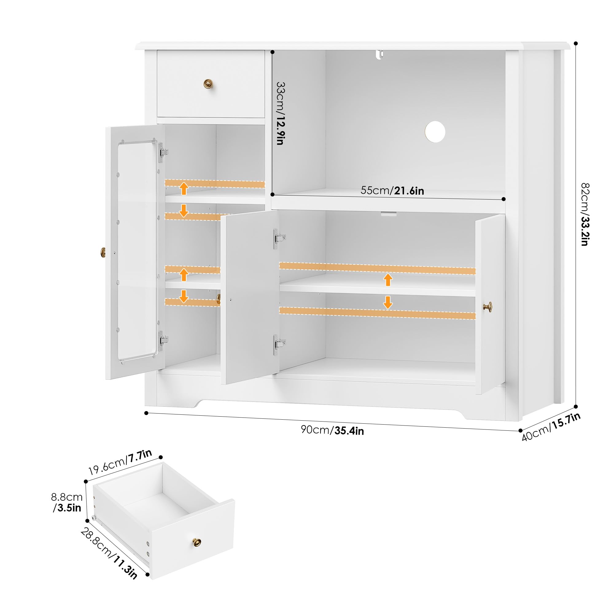 HOCSOK Küchenschrank Set, Buffetschrank mit Steckdosen & Mikrowellenregal, Sideboard Küche mit Acryltür, Hochschrank Vorratsschrank für Kaffeebar, Esszimmer, Wohnzimmer (Weiß)