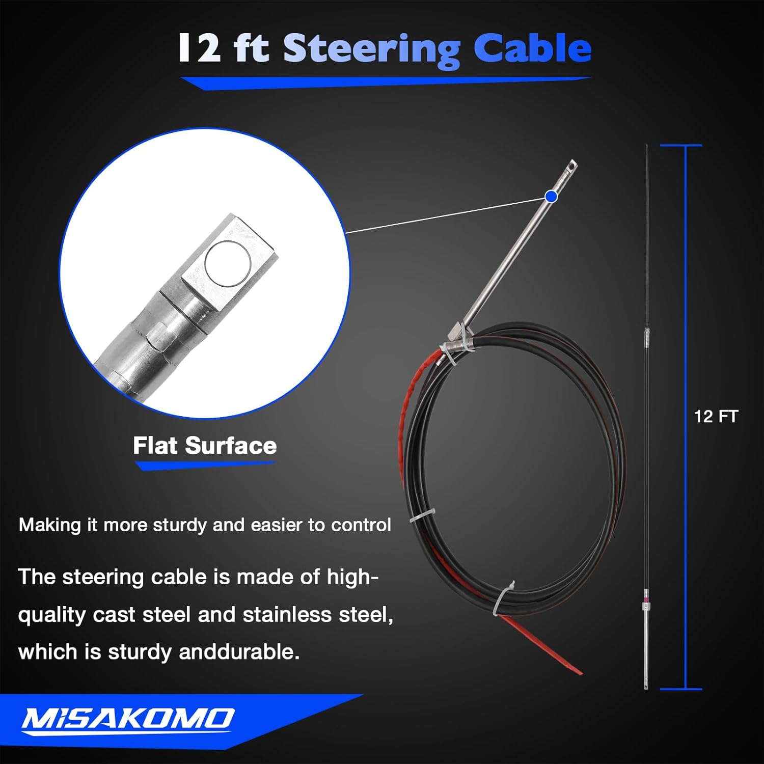 12 FT Boat Control Cable Outboard Rotary Steering System Kit With 12.5 Inches Wheel Durable Marine Steering System Replacement for Mechanical/Manual Steering of Yachts, Fishing Boats