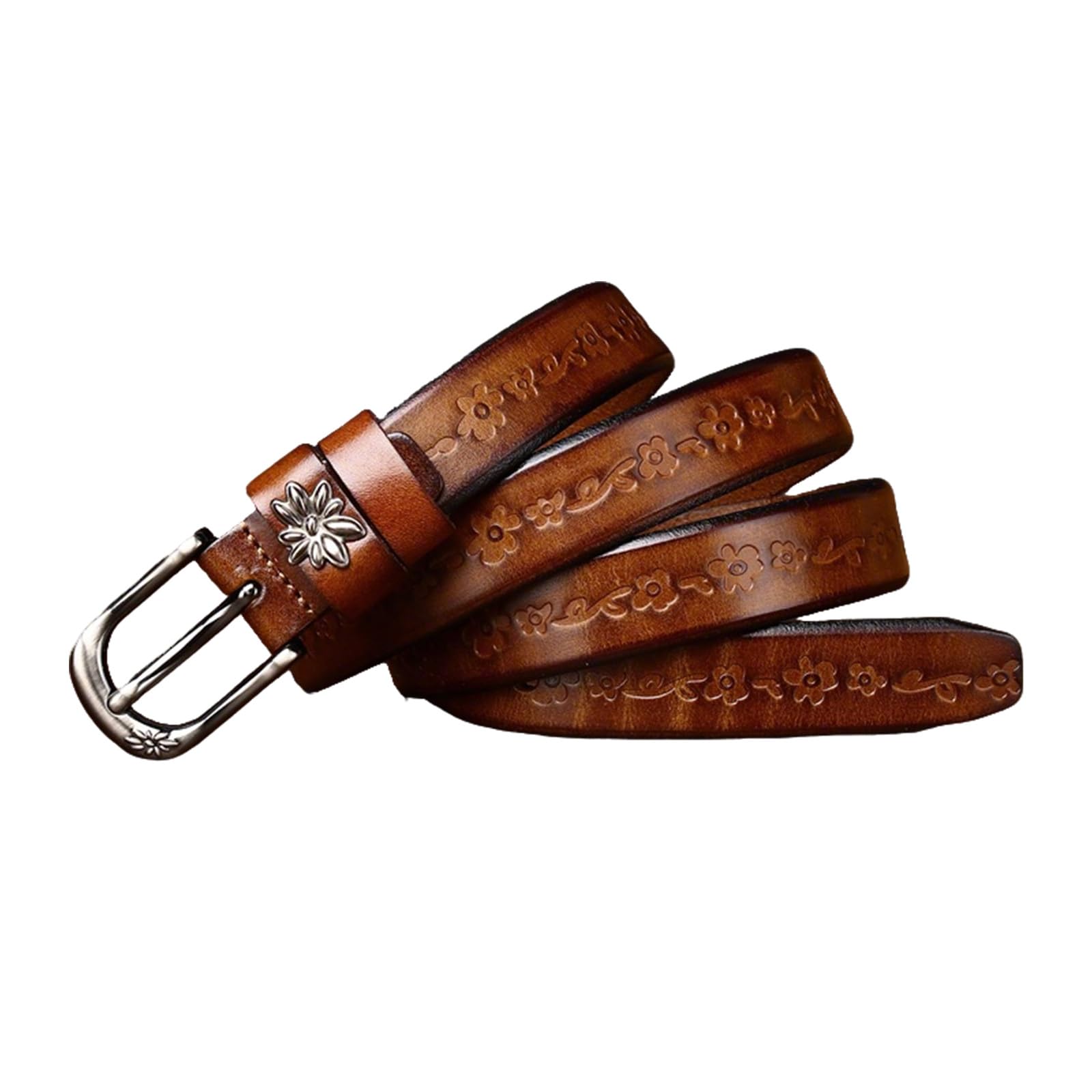 JIARY Womens Genuine Leather Belt, Floral Embossed Casual Belt,Vintage Decorative Fashion Belt for Jeans,Khaki,105CM/41.3''