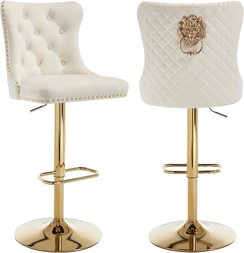 Miniatura 9 de Juego de 2 taburetes de bar giratorios dorados, taburetes de bar ajustables de terciopelo con respaldo copetudo, ribete de cabezas de clavos y