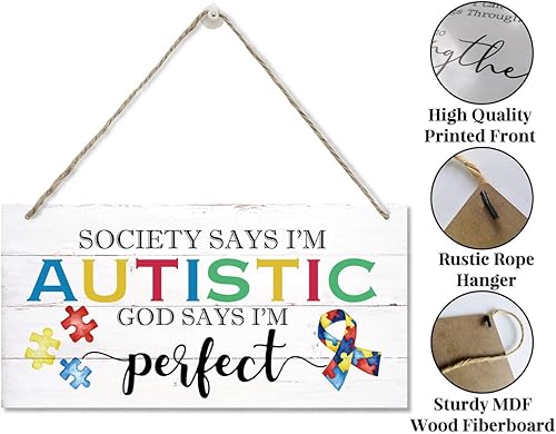 Miniatura 3 de Letrero decorativo para autismo, Society Says I'm Autistic God Says I'm Perfect, letrero colgante de madera para decoración del hogar, letrero de