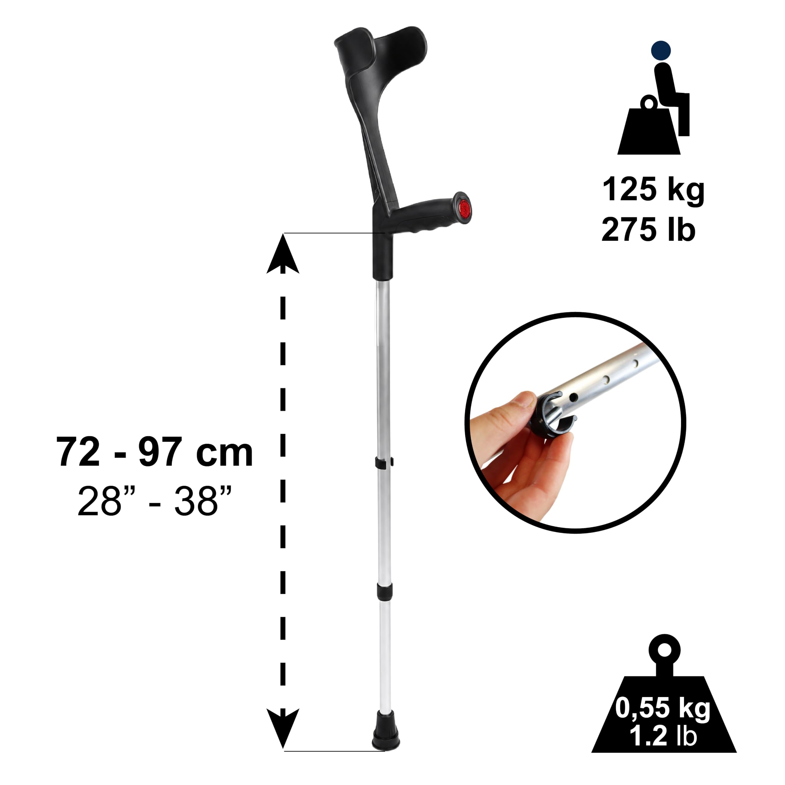 PEPE Mobility Béquilles Médicales Adultes (x2 Unités), Réglables, Canne Anglaise Orthopédique, Aluminium Noir - Fabriqué en Europe