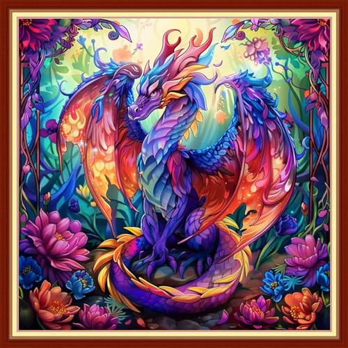 Image of Dimensean Stamped Cross Stitch Kits Full Range of Embroidery Patterns Starter Kits for Beginners Adult DIY Cross Stitches Needlepoint Kits 11CT-Colorful Dragon 18x18 inch