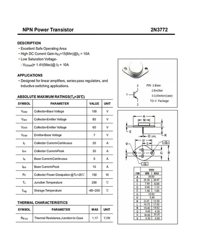2n3772 Specs 5-Pack 2N3772 NPN Transistors - 150W 20A For Audio Amplifiers 150 Watt Amplifier - Foto 4