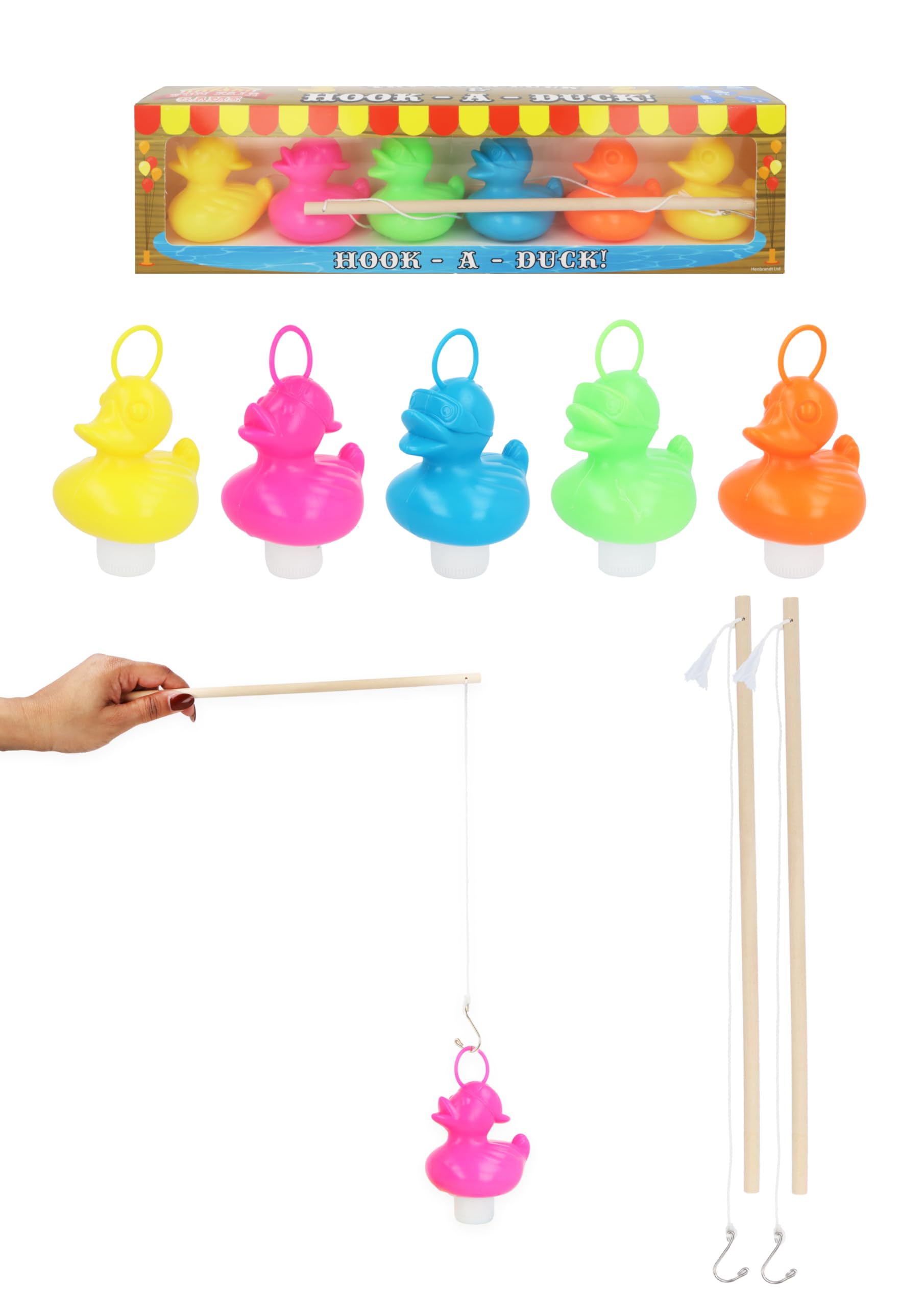 Henbrandt 1 x Ensemble de jeu de pêche à la ligne avec 6 canards colorés et 2 bâtons de pêche en bois - Parfait pour les fêtes, les pataugeoires, le bain et les jeux de jardin pour les enfants