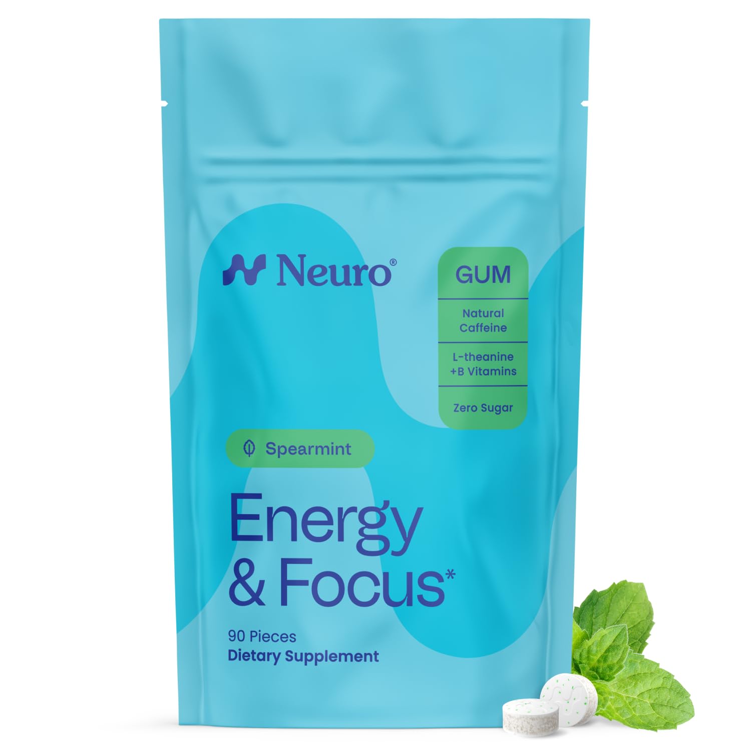 Neuro Energy & Focus Gum, Spearmint, 90 Count | 40mg Natural Caffeine Gum, 60mg L-Theanine, Vitamin B6 + B12, Sugar Free, Vegan, Clean Nootropic Energy & Focus Supplement