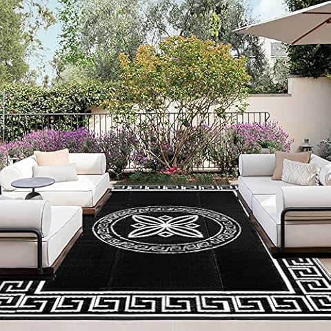 OutdoorLines Outdoor Reversible Rugs for Patio 6x9 ft - Plastic Area Rug, Stain & UV Resistant Portable RV Carpet, Plastic Straw Mats for Porch, Pool Deck and Camping Quatrefoil/Black & White Cover