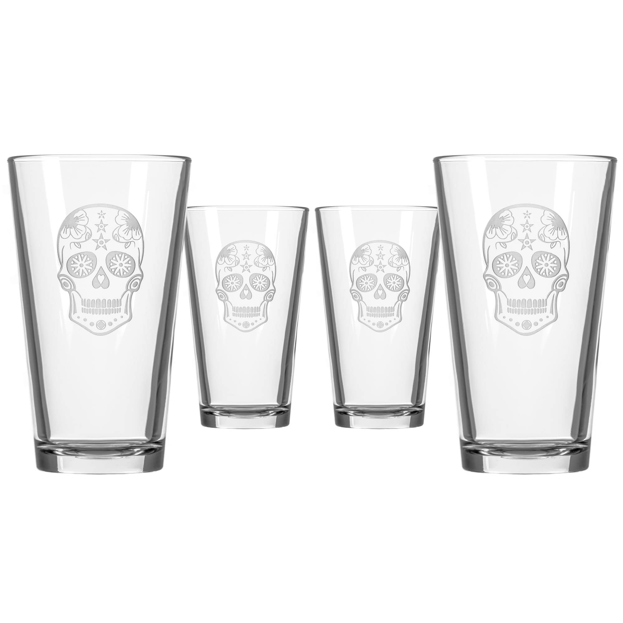 Rolf Glass Etched Sugar Skull Pint Glass (Set of 4), 16 oz, Clear