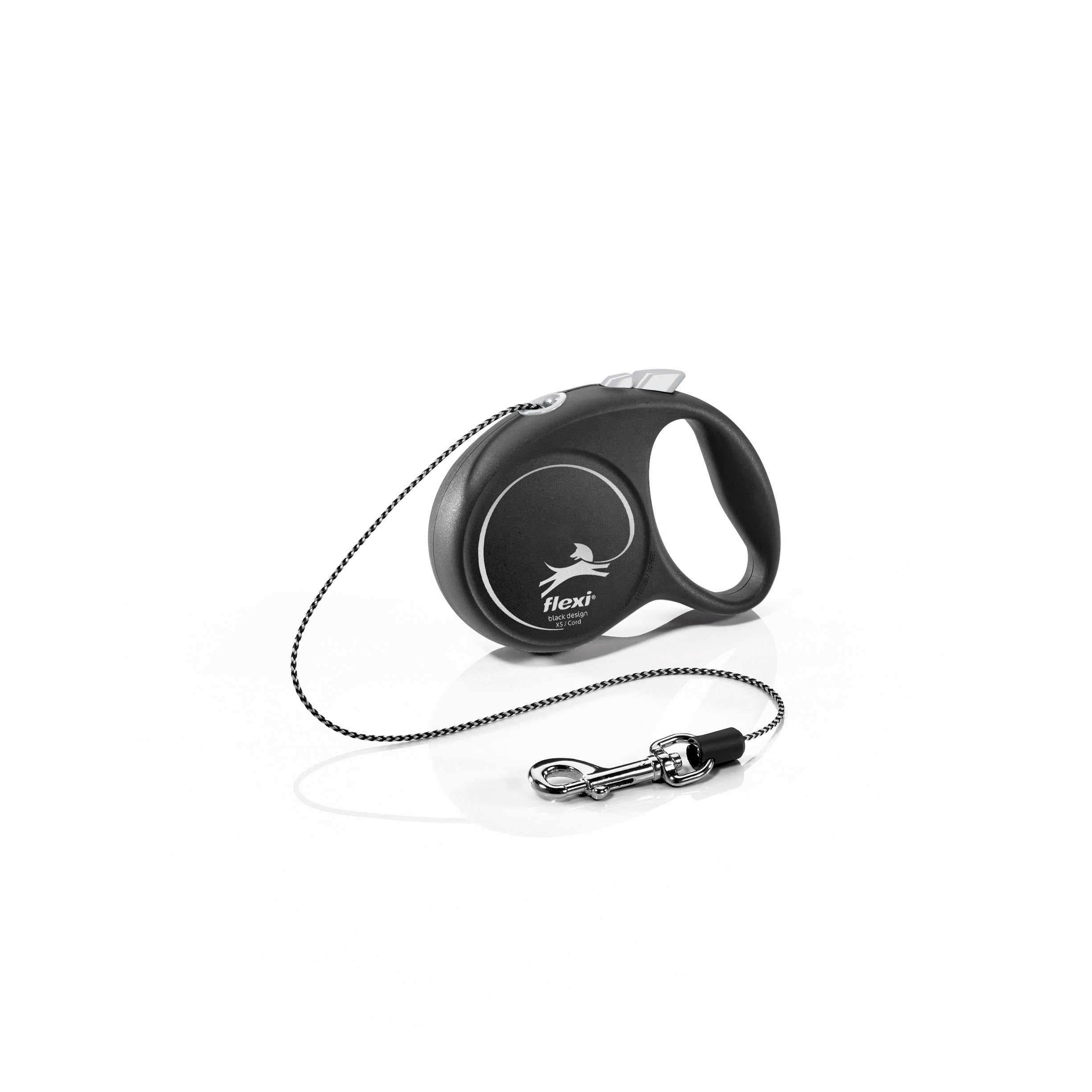 flexi® Black Design XS | 3 m retractable cord leash for small dogs up to 8 kg | Pocket size | 3-finger handle | Black/silver | Retractable dog lead | Weight: 90 g | Dimensions: 7.8 x 10.9 cm