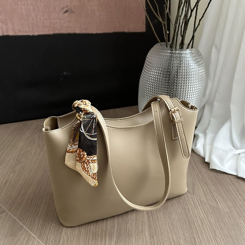 Women's Shoulder Bag Large Laptop Messenger PU with Zipper and Delicate Silk Scarf, Single Shoulder Crossbody Handbags