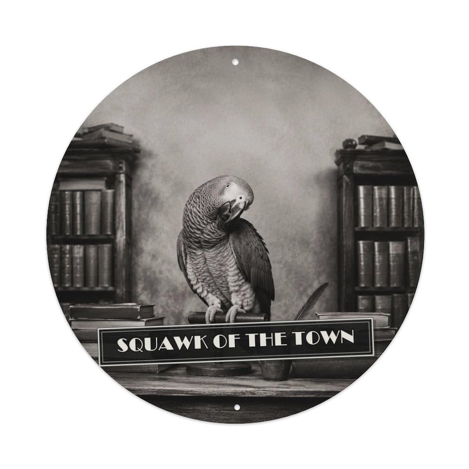 Animal Parrot Bookshop Monochrome Anthropomorphic Absurd Comedy Metal Tin Sign Plaque Wall Decor for Cafe, Man Cave, Club Bar, Office, Home Garden Round Metal Poster 8x8Inch