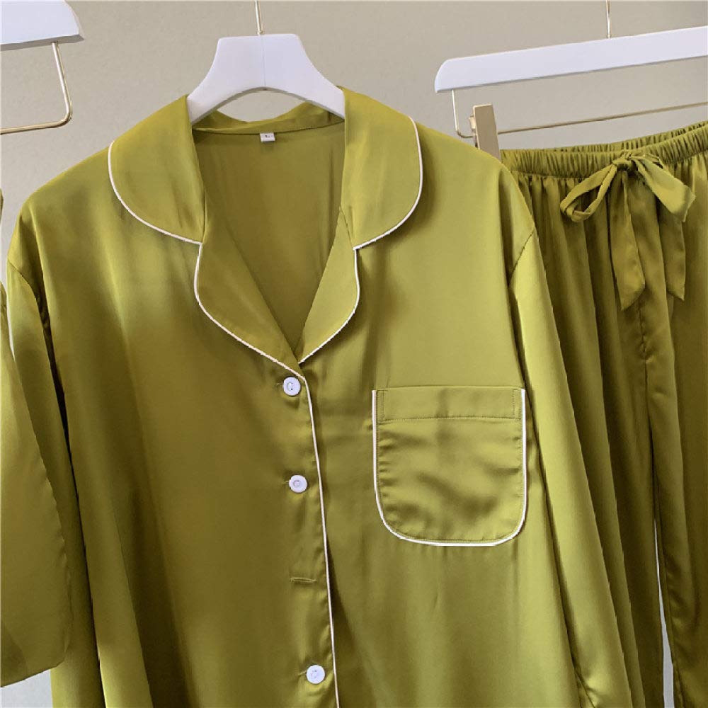 YUHOOE Pijamas De Mujer,Conjuntos De Pijamas Sexy De Satén De Seda para Mujeres Pijamas De Manga Larga De Lujo Europeo Ropa De Dormir Pijama con Botones 2 Piezas Pijama con Bolsa,Verde,L