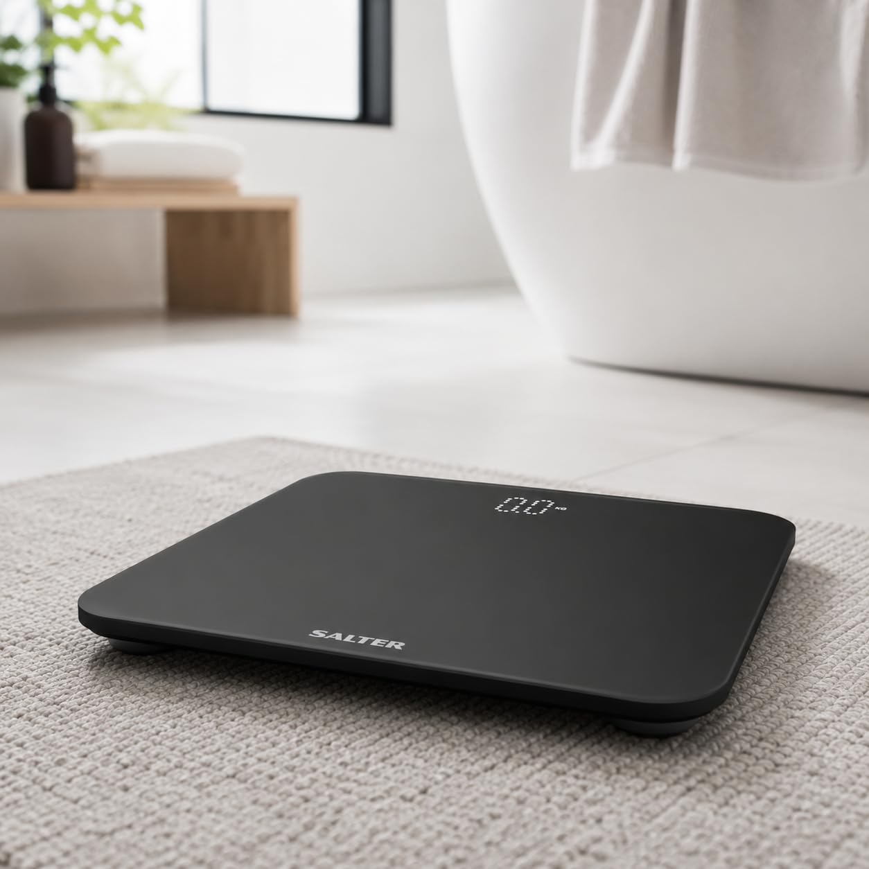 Salter 9204 BK3R Bathroom Scale, Premium Compact Phantom Electronic Digital Scales For Body Weight, 180 KG Max Capacity, Hidden Until Lit Display, Toughened Safety Glass, Carpet Feet, KG or LBS, Black